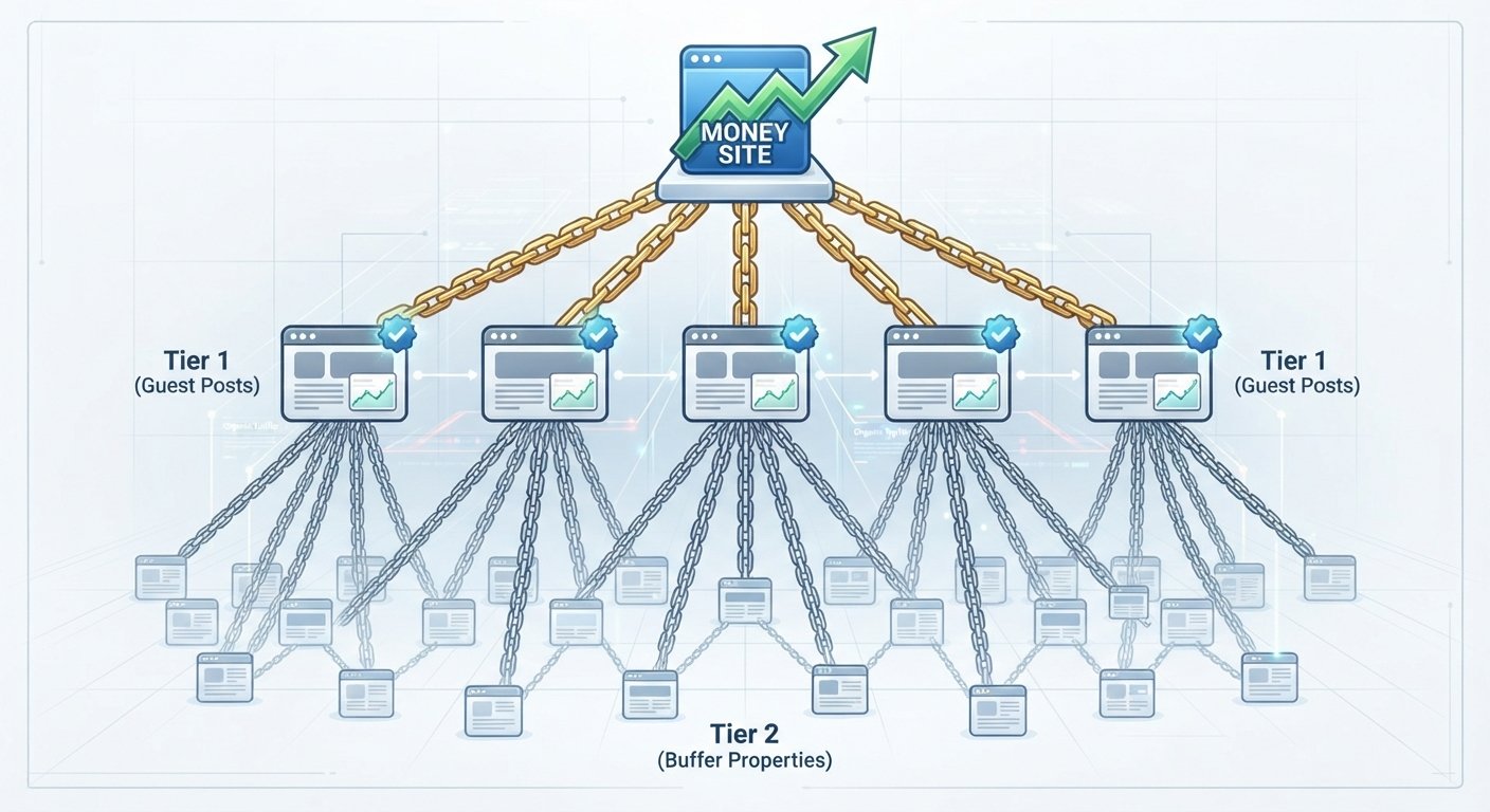 Technical infographic visualizing a secure, multi-tiered backlink structure where a central money site is supported by Tier 1 guest posts, which are in turn reinforced by Tier 2 buffer properties.