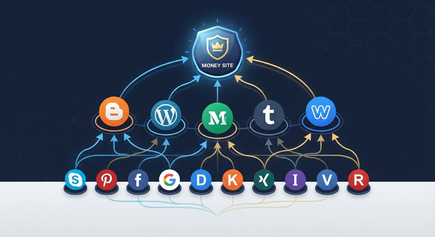 Digital illustration of a secure, multi-tiered Web 2.0 backlink structure for safe SEO.