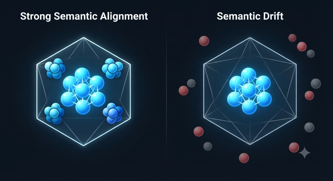 A split-screen diagram contrasting strong semantic alignment versus semantic drift in a 3D vector space.