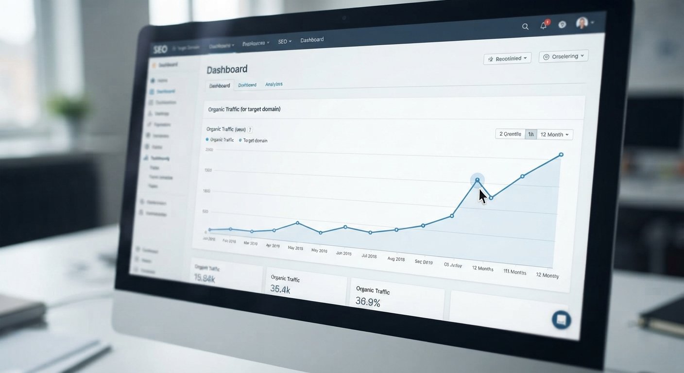 SEO dashboard showing an upward trending organic traffic graph used for vetting guest post quality.