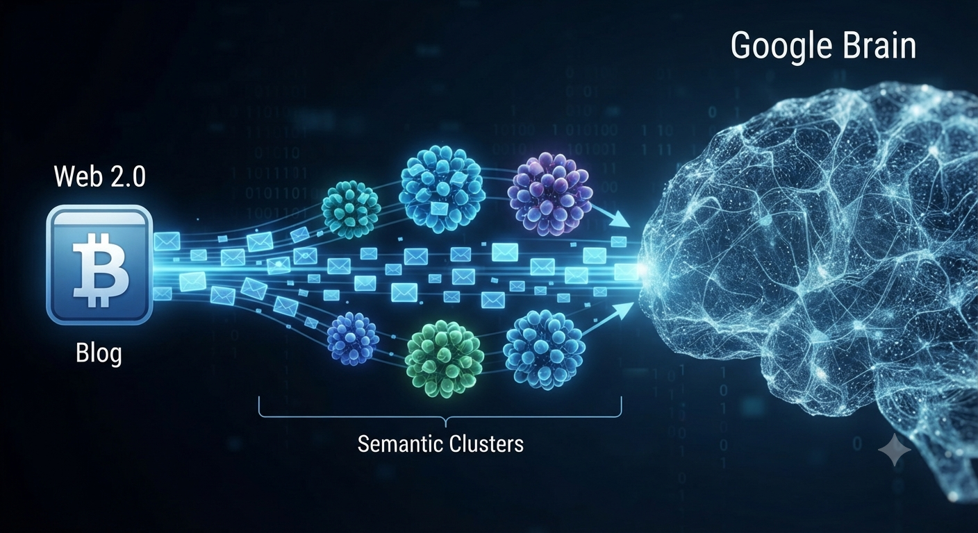 A conceptual illustration showing data flowing from a Web 2.0 blog icon and being sorted into semantic clusters before entering a large neural network.