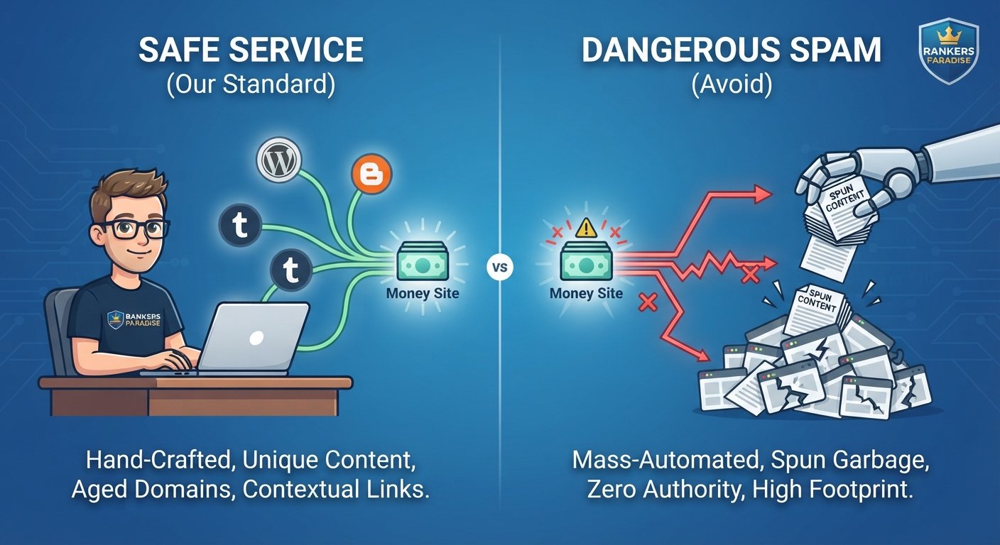 Infographic comparing safe manual Web 2.0 link building with aged domains to dangerous automated spun content services.