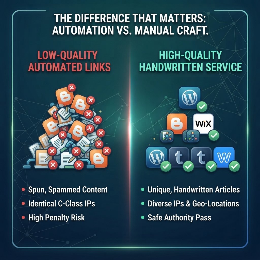 Infographic comparing low-quality automated links to high-quality handwritten web 2.0 services.