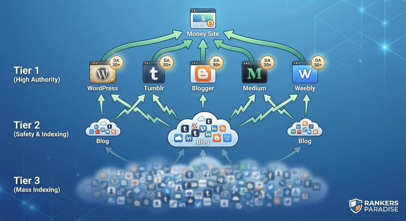 Infographic illustrating a safe multi-tier link building strategy where Tier 1 Web 2.0s pass authority to a money site, supported by Tiers 2 and 3.