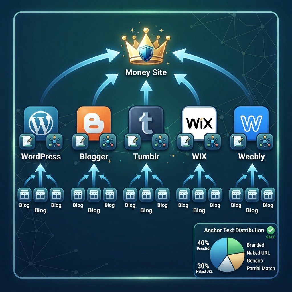 Infographic illustrating a safe, tiered web 2.0 backlink network with multiple IPs and handwritten content.