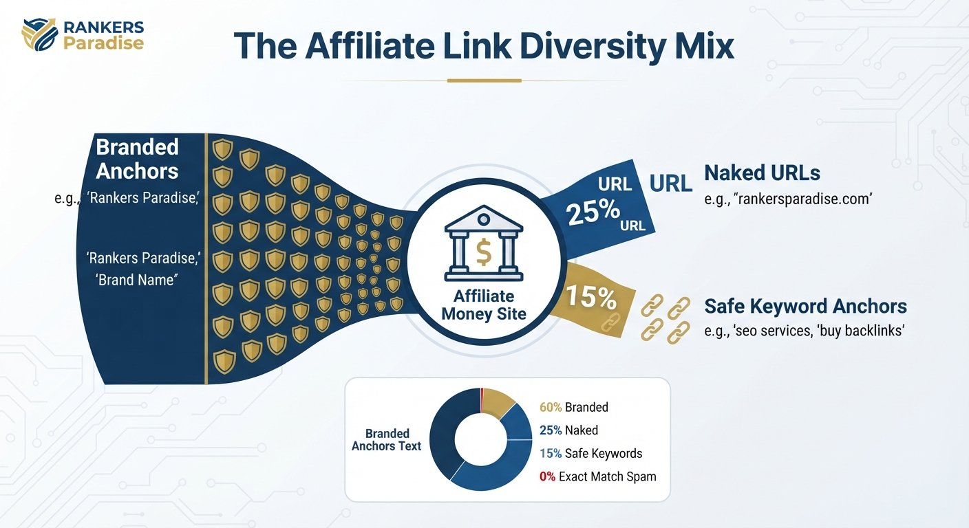 Infographic showing the ideal, penalty-free anchor text diversity ratio for affiliate SEO.