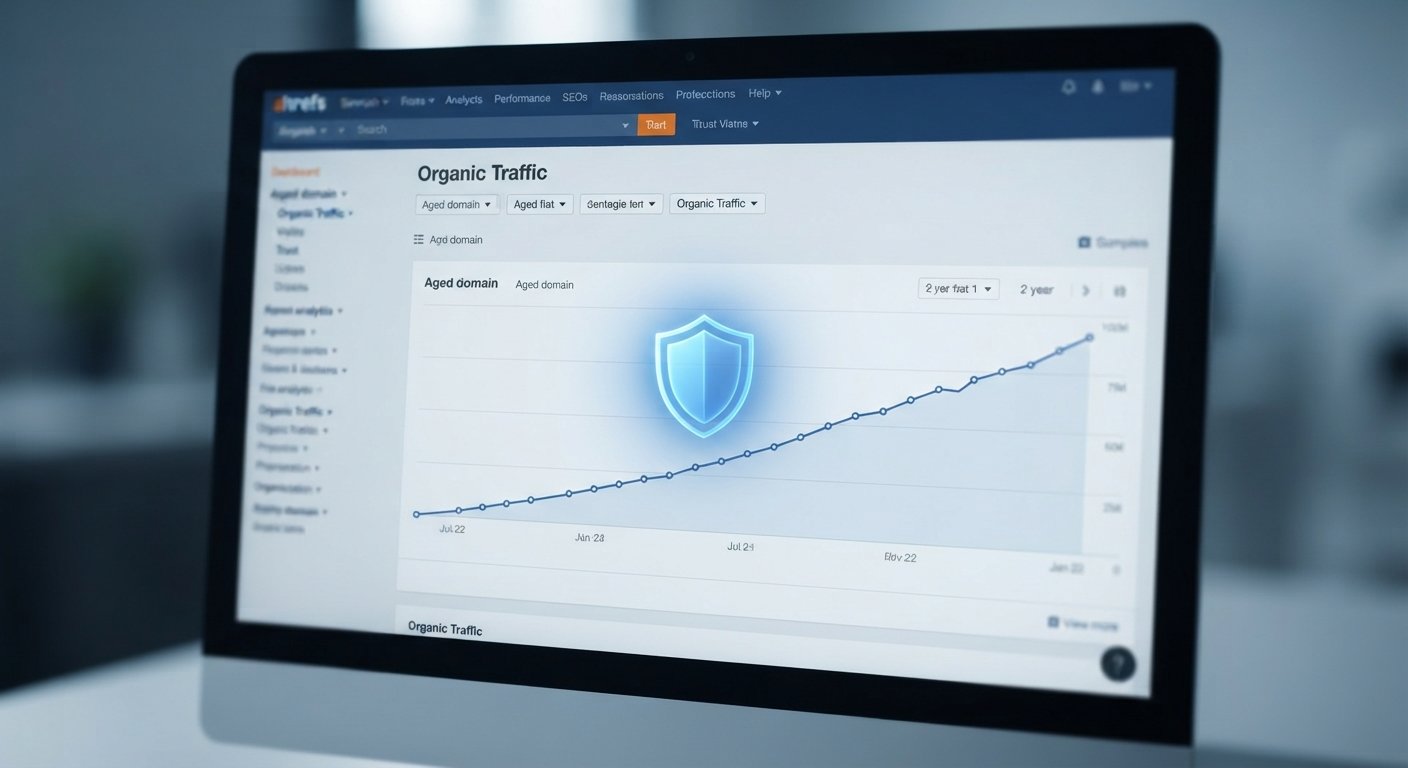 Macro photograph of an SEO analytics dashboard on a monitor showing a steady, two-year upward trend in organic traffic for an aged domain.