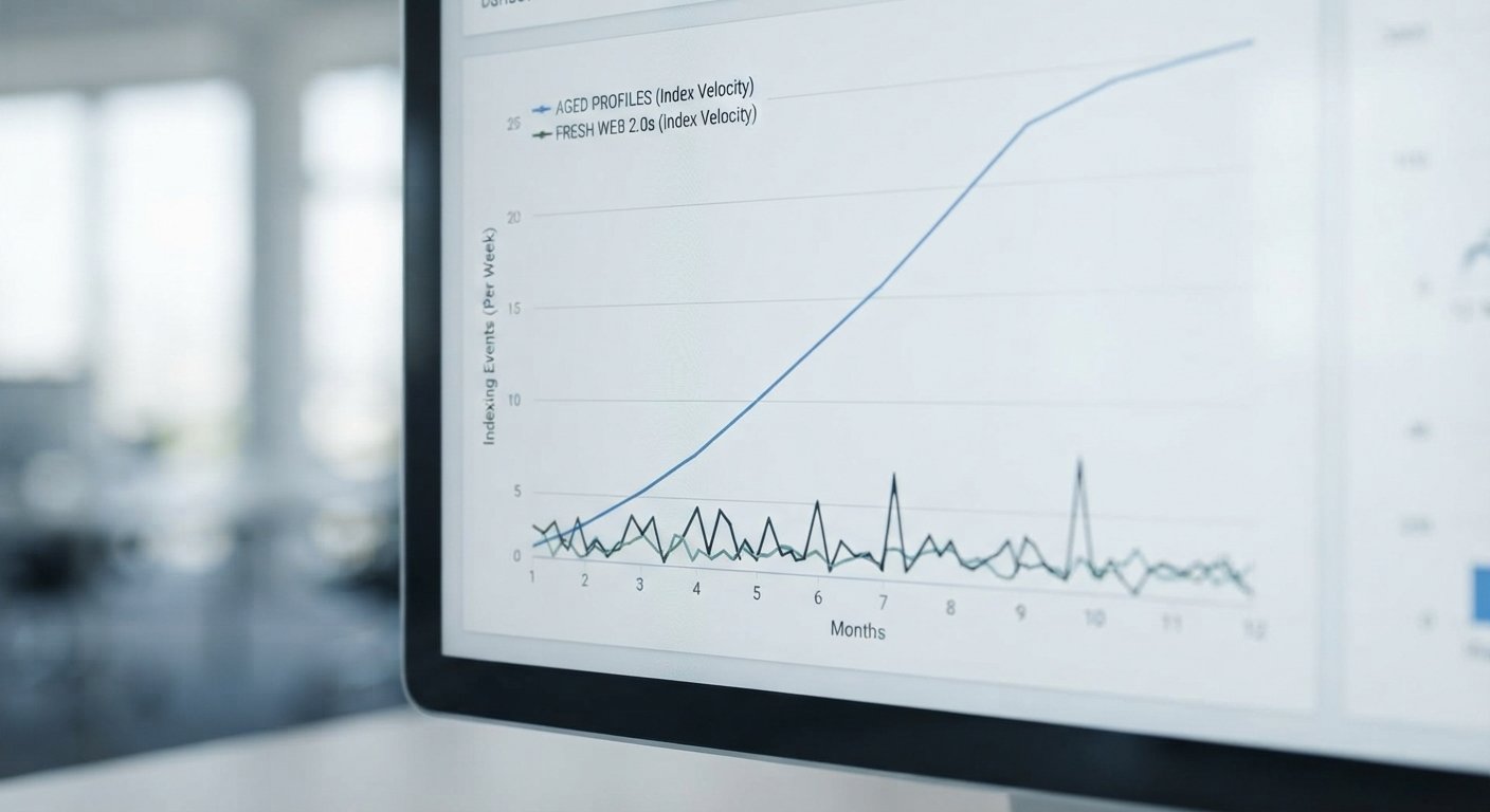 A data graph showing that aged Web 2.0 profiles achieve a significantly faster and more consistent index velocity than fresh subdomains over a 12-month period.