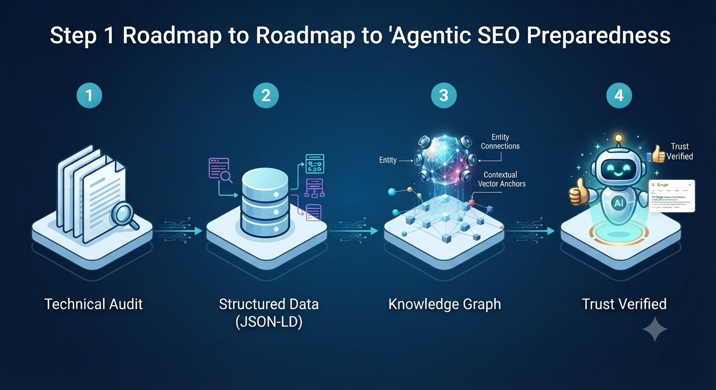 Isometric infographic showing the 4 steps to Agentic SEO preparedness: Audit, Schema, Knowledge Graph, and Verification.