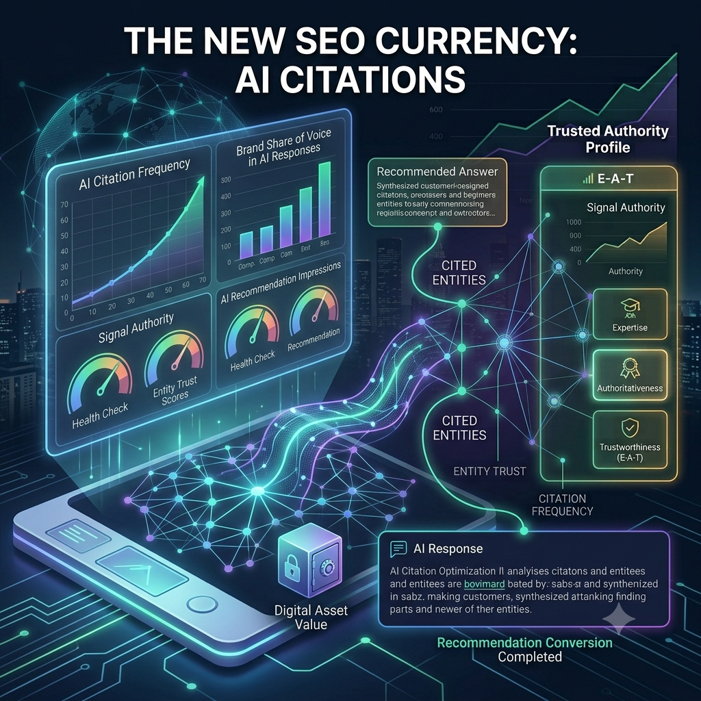 Analytics dashboard displaying AI citation frequency, brand share of voice, and AI search visibility metrics