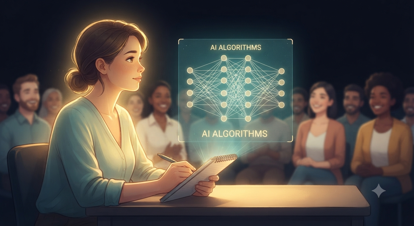 A content creator sits at a desk, looking past a glowing holographic AI network towards a blurred audience of real people in the background.