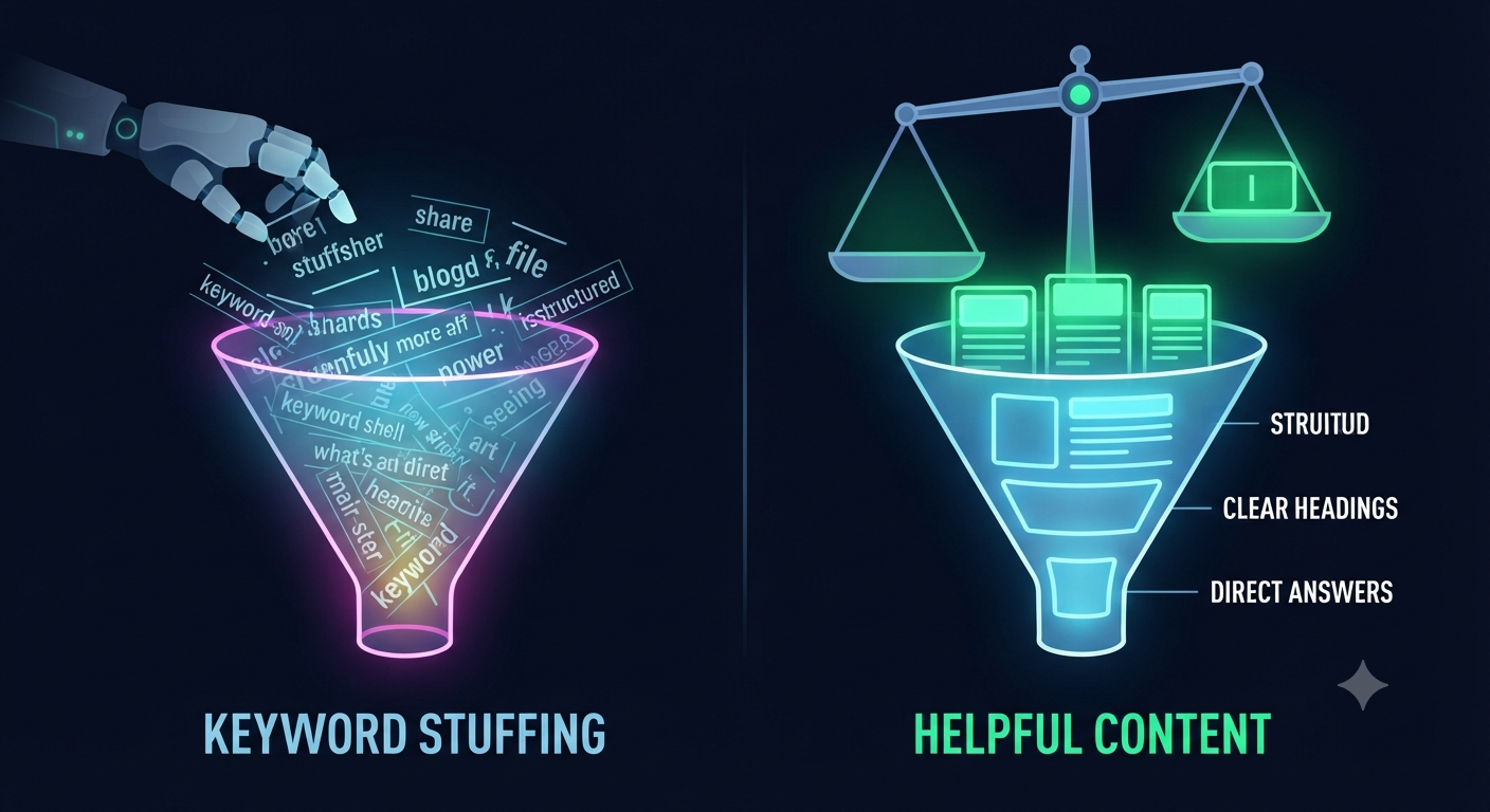 An infographic visualization comparing keyword-stuffed content versus helpful, structured content, showing the latter outweighing the former.