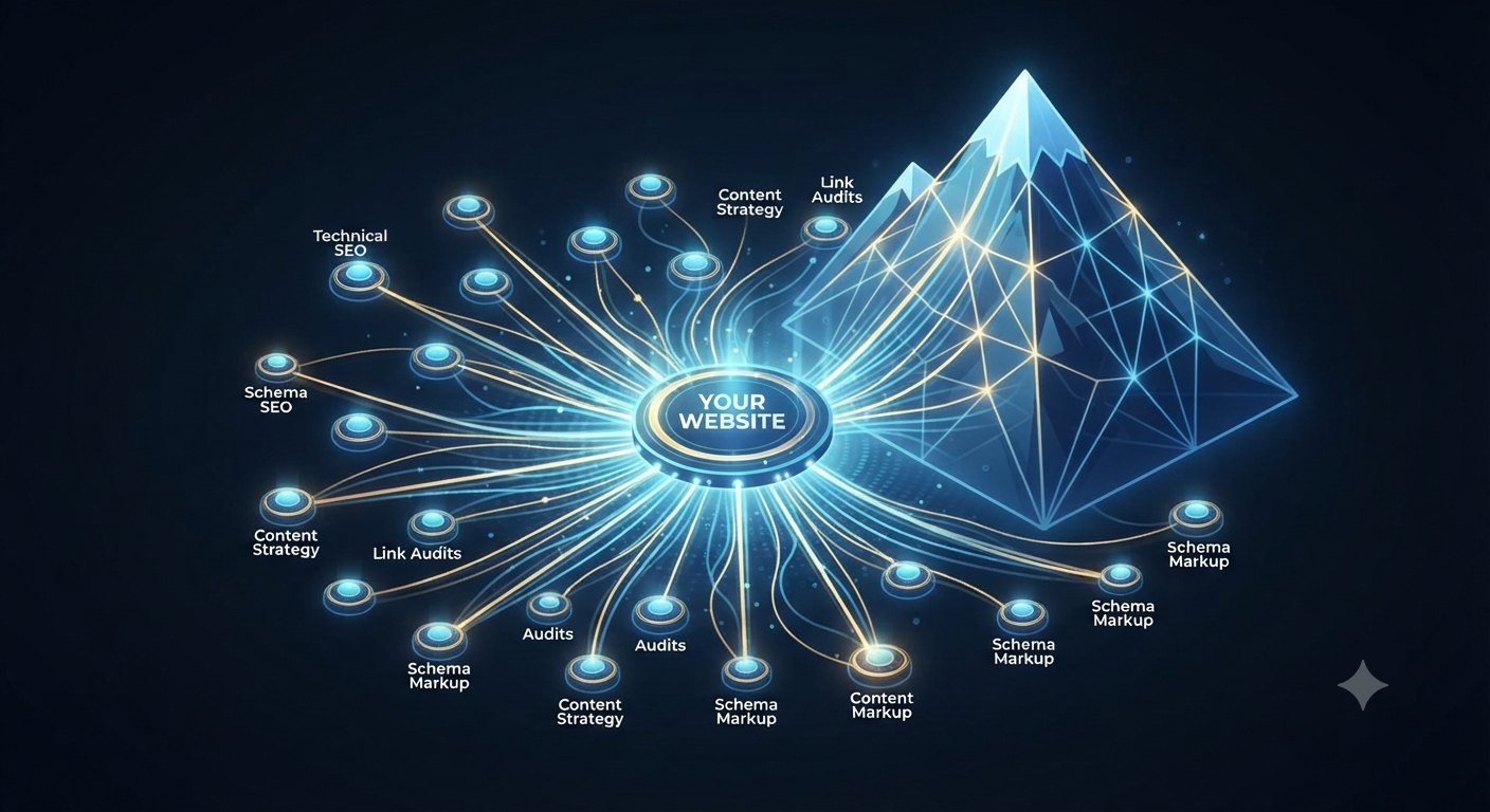 An isometric illustration of a knowledge graph where a central hub connects to multiple orbiting content nodes, forming a rising, luminous pyramid structure.