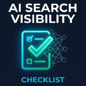 Square graphic featuring an AI search visibility checklist concept with a glowing network and checkmark for SEO optimization.