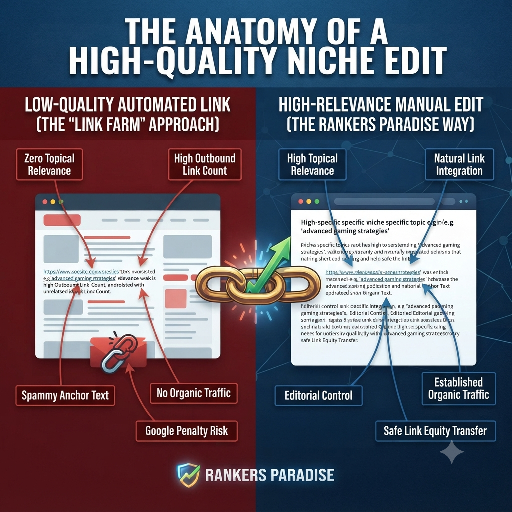 Infographic comparing low-quality automated niche edits vs high-relevance manual edits by Rankers Paradise.
