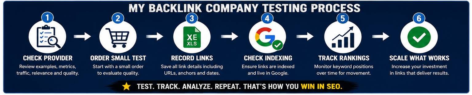Backlink company testing process for checking links, indexing and Google ranking results