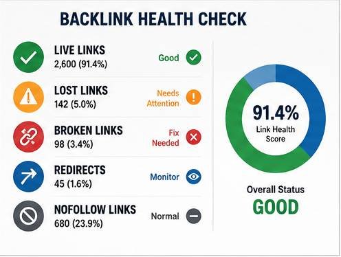 Backlink health check showing live links, lost links, broken links and overall link health