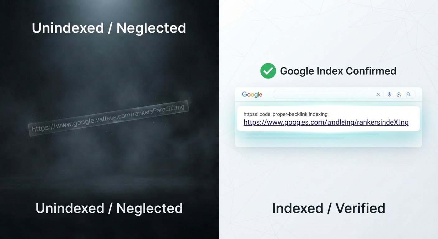 A split-screen conceptual photograph. On the left, a neglected URL floats in a dark void. On the right, the same URL is brightly illuminated within a verified Google search result snippet, complete with a green checkmark.