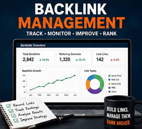 Backlink management dashboard showing links, referring domains and lost links