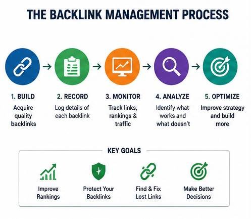 Backlink management process from building and recording links to monitoring and optimization