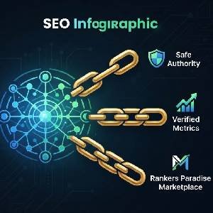 A square infographic showing a digital network hub connected by gold chains to icons for Safe Authority, Verified Metrics, and the Rankers Paradise Marketplace.