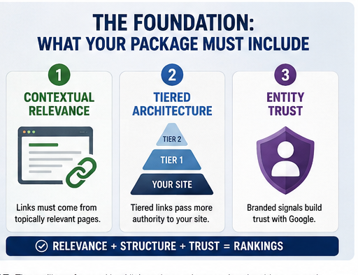 Three pillars of a good backlink package: relevance, tiered architecture and entity trust