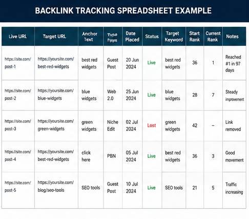 Backlink tracking spreadsheet showing link status, anchor text and keyword rankings