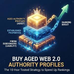 Infographic showing aged Web 2.0 authority profiles providing a ranking boost compared to fresh subdomains.