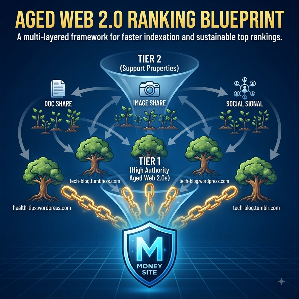 Multi-layered backlink framework and ranking blueprint for aged web 2.0 properties