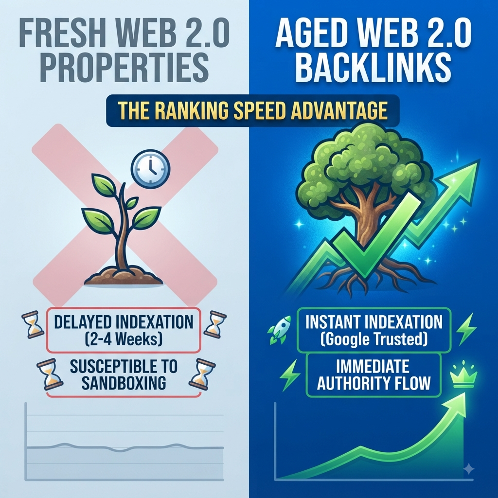 Infographic comparing fresh web 2.0 delayed indexation against aged web 2.0 instant authority flow