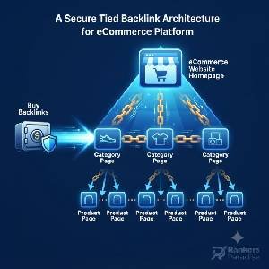 Visual guide showing secure tiered link building architecture for eCommerce category and product pages.