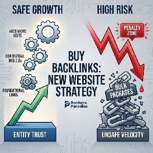 Infographic visualizing a safe, tiered backlink strategy for new websites, including Foundational, Contextual, and Aged Authority tiers built on Entity Trust.