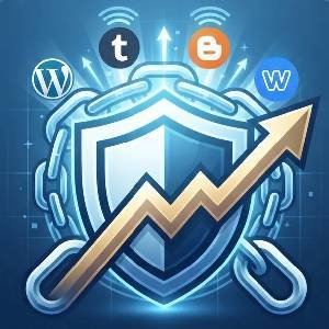 A professional SEO infographic icon visualizing custom Web 2.0 links with a gold upward trend arrow and secure shield.