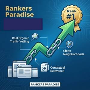 Buy Guest Posts Strategy Infographic illustrating real organic traffic vetting, clean neighborhoods, and contextual relevance to rank #1