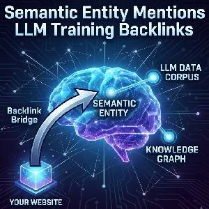 Infographic showing a backlink bridge connecting a website cube to a digital AI brain for semantic entity and LLM training signals.