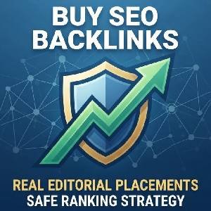 Infographic showing safe buy seo backlinks strategy with a rising green growth arrow and blue shield