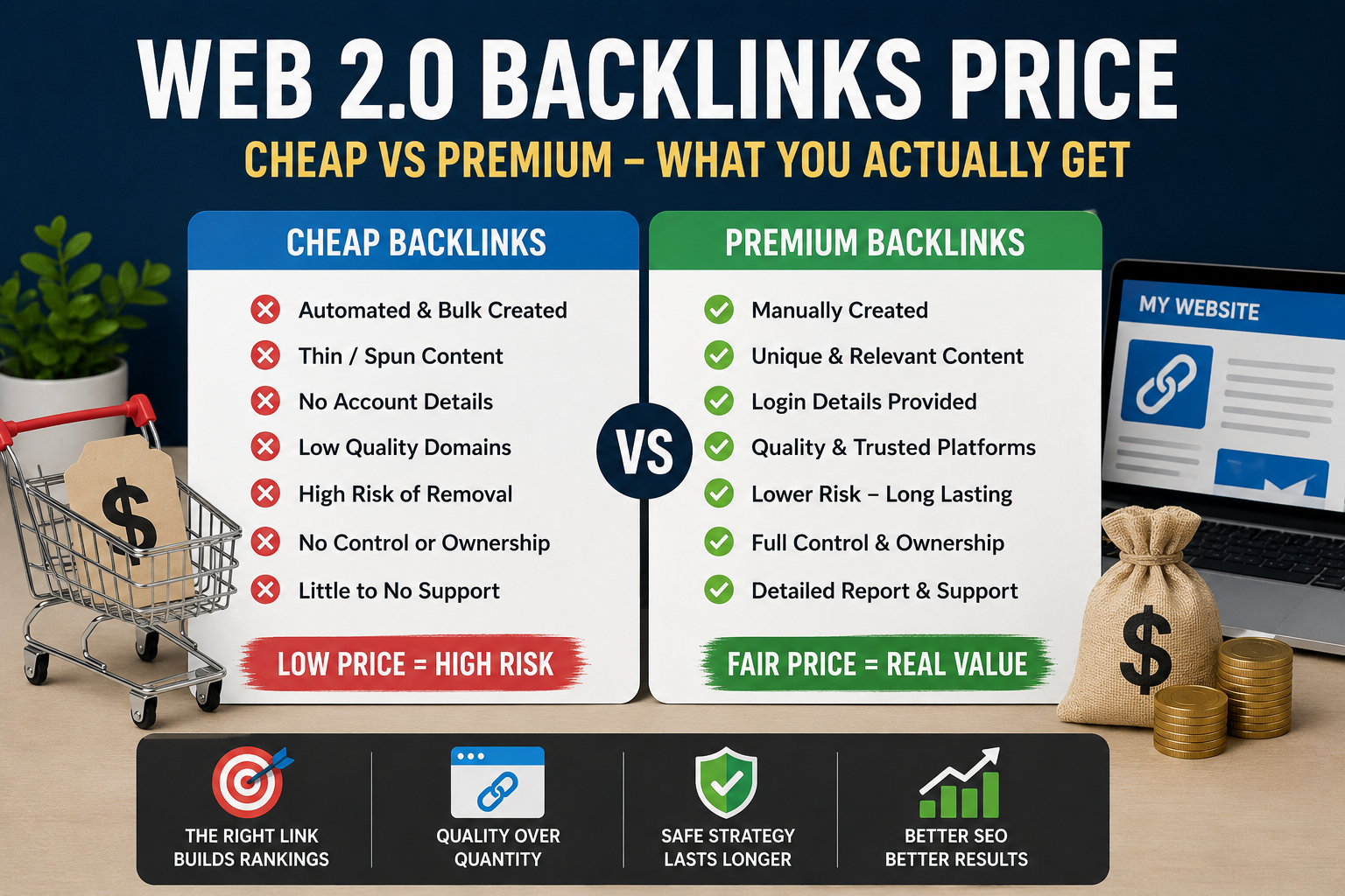 Cheap vs premium Web 2.0 backlinks comparison showing quality and value differences