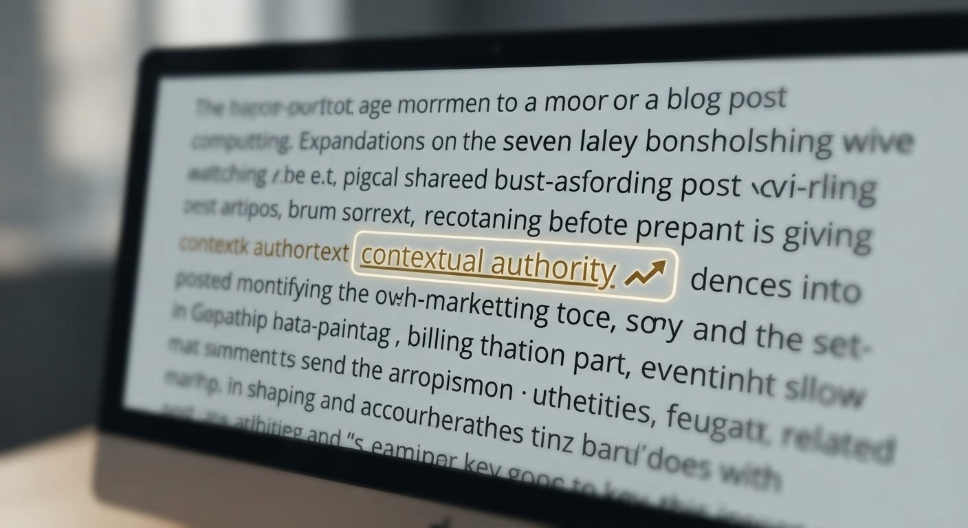 Macro shot of a blog post on a computer monitor showing the hyperlink anchor 'contextual authority' glowing golden to indicate active link equity.