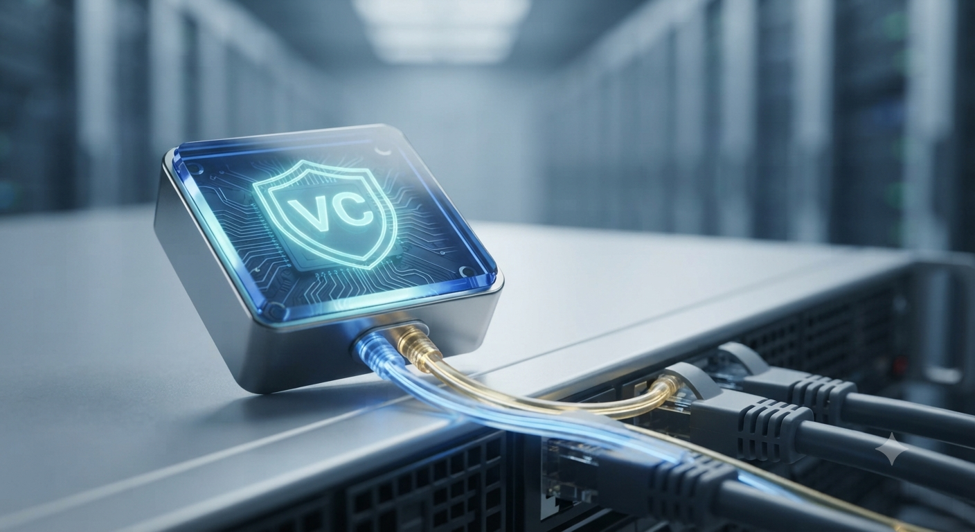 A close-up photo of a futuristic metallic cube device projecting a glowing holographic shield (Verifiable Credential) connected to server cables.