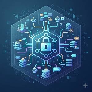 Futuristic illustration showing decentralized identity anchors connecting to AI LLM nodes.