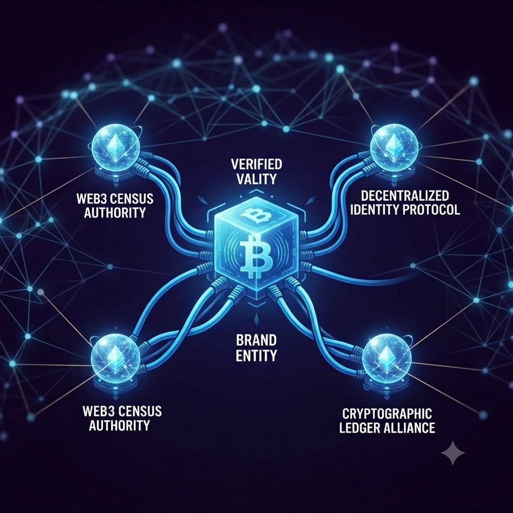 Futuristic infographic showing a central brand entity node anchored by thick data cables to three verified validator nodes within a wider web network.