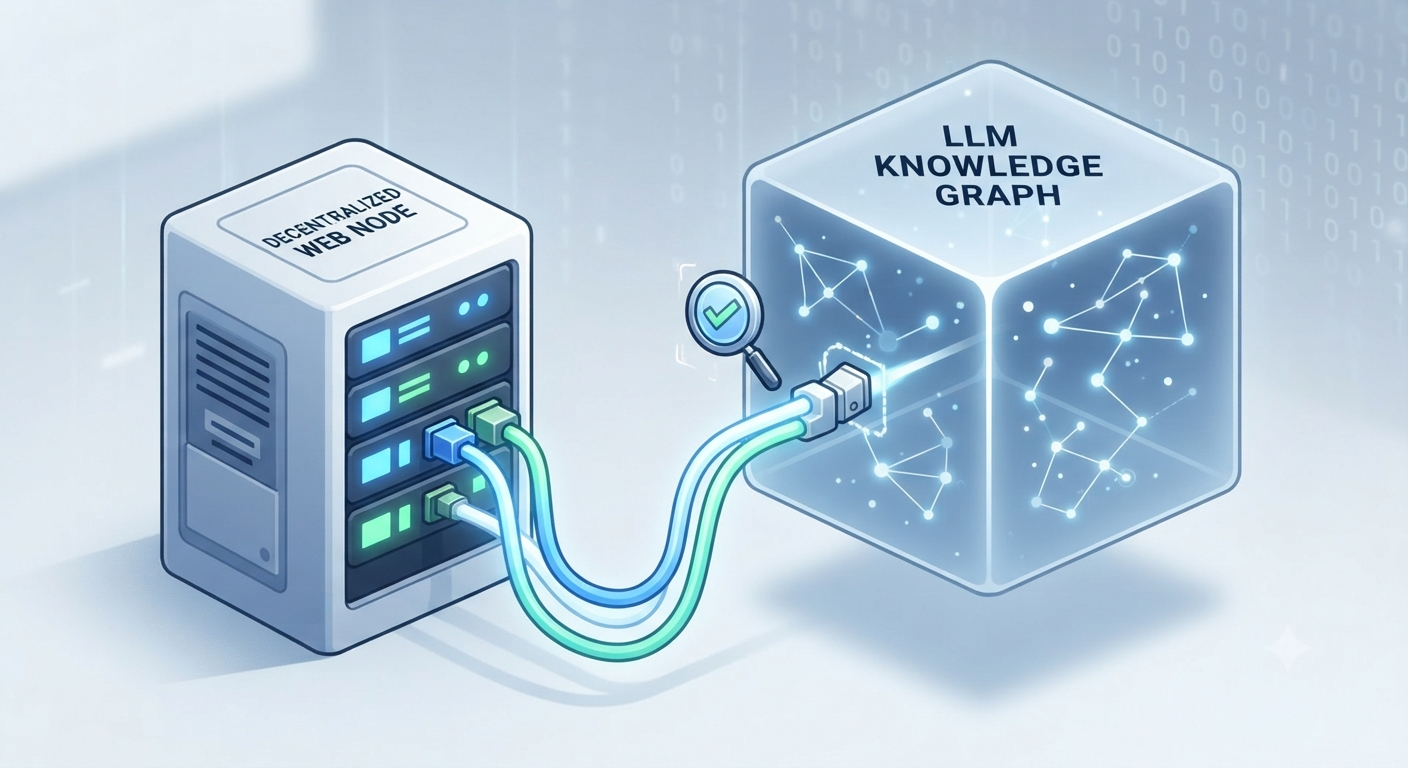 A close-up graphic showing data cables linking a server rack (Decentralized Web Node) to a glowing cube (LLM Knowledge Graph).