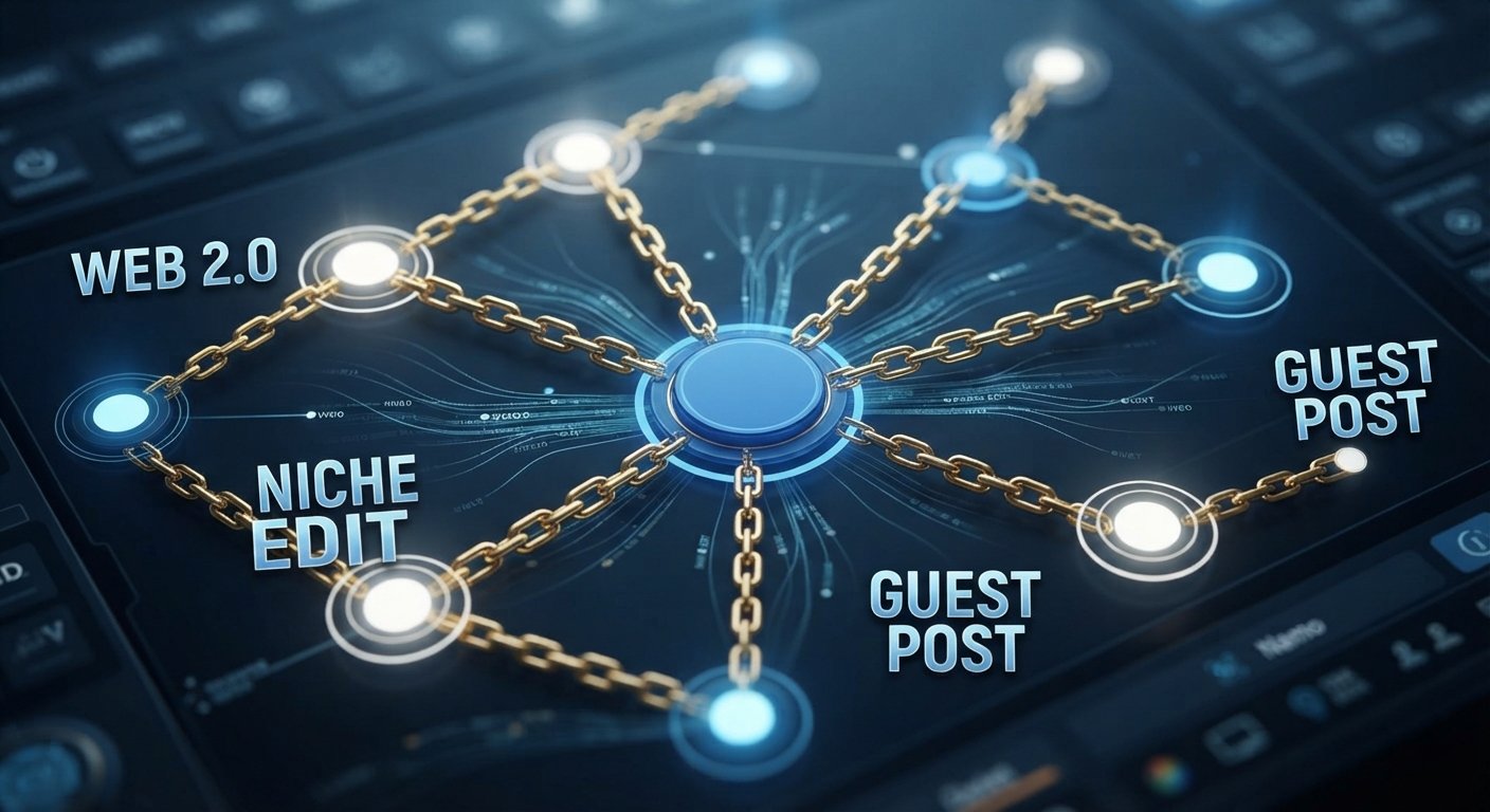Close-up studio photograph of an interconnected network map illustrating diverse backlink types like Web 2.0, Niche Edits, and Guest Posts funneling into a central new website node.
