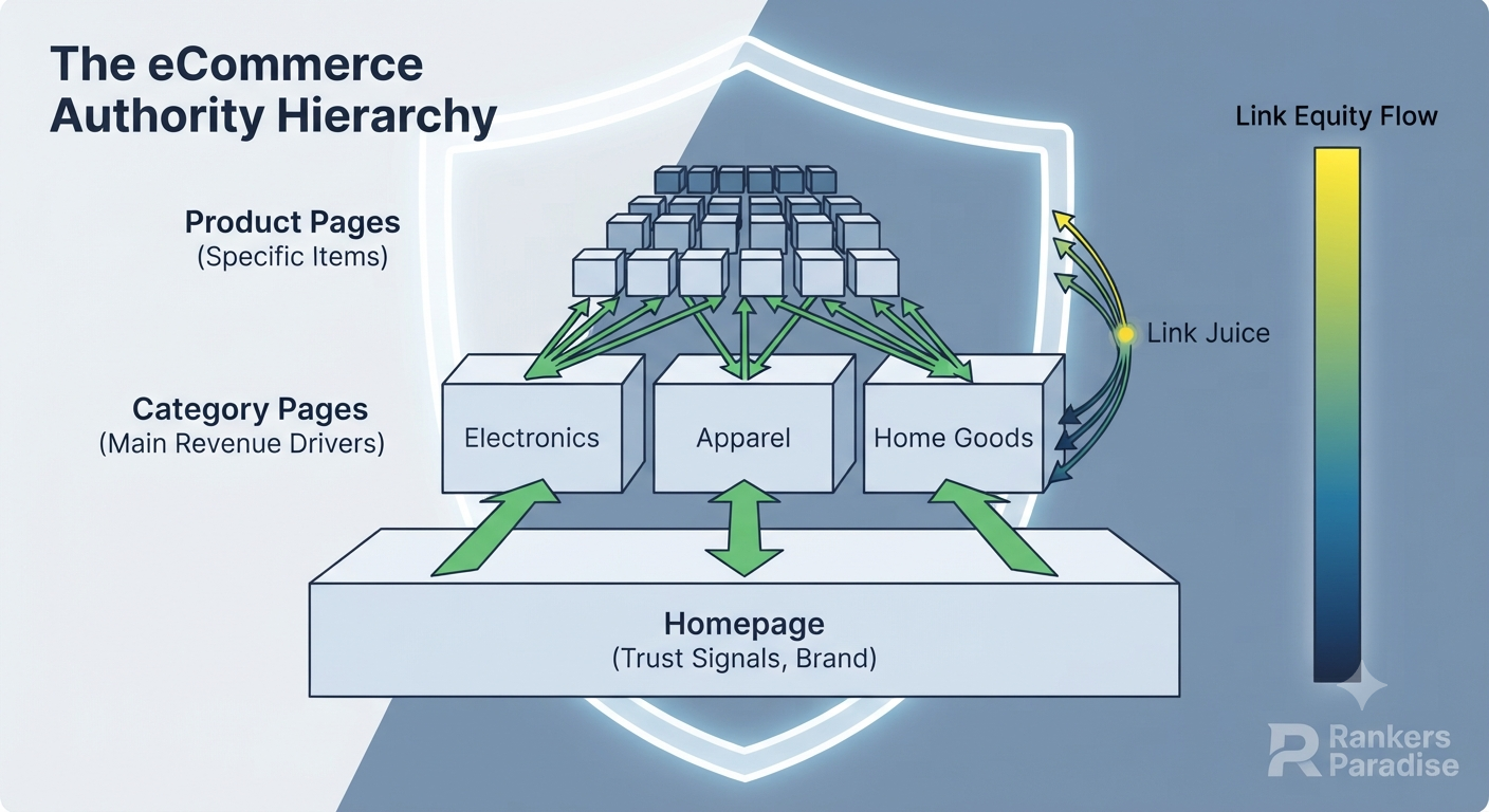 Infographic showing the strategic hierarchy for building eCommerce authority, prioritizing category pages over product pages.