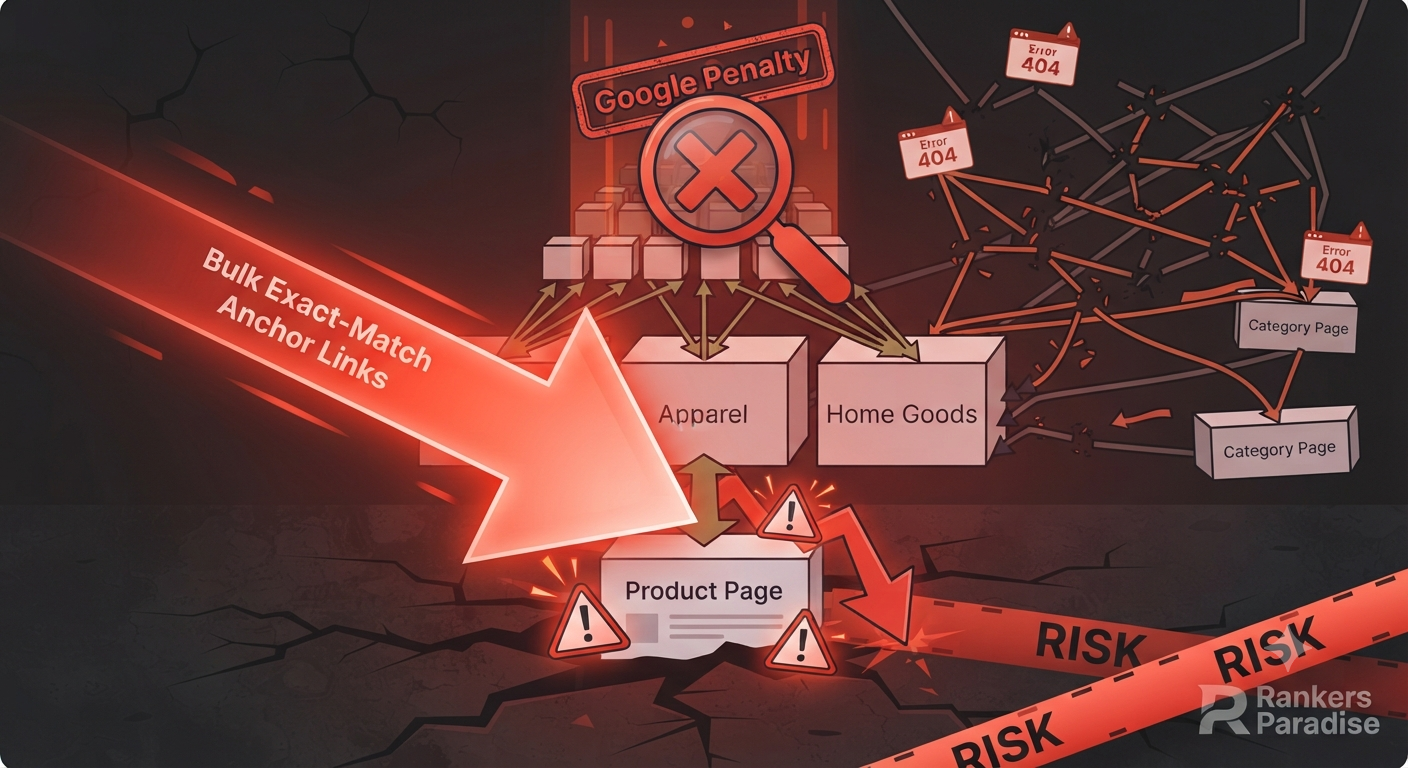 Infographic illustrating the danger of pointing bulk, exact-match links directly to product pages, resulting in a Google penalty.