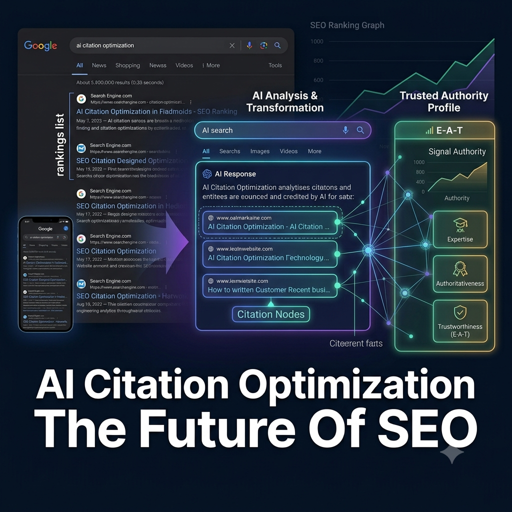 Infographic showing the flow from traditional search results to a central AI synthesized recommendation and a detailed authority signal profile