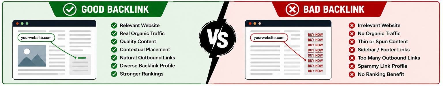 Good backlink vs bad backlink comparison showing the SEO quality signals to check