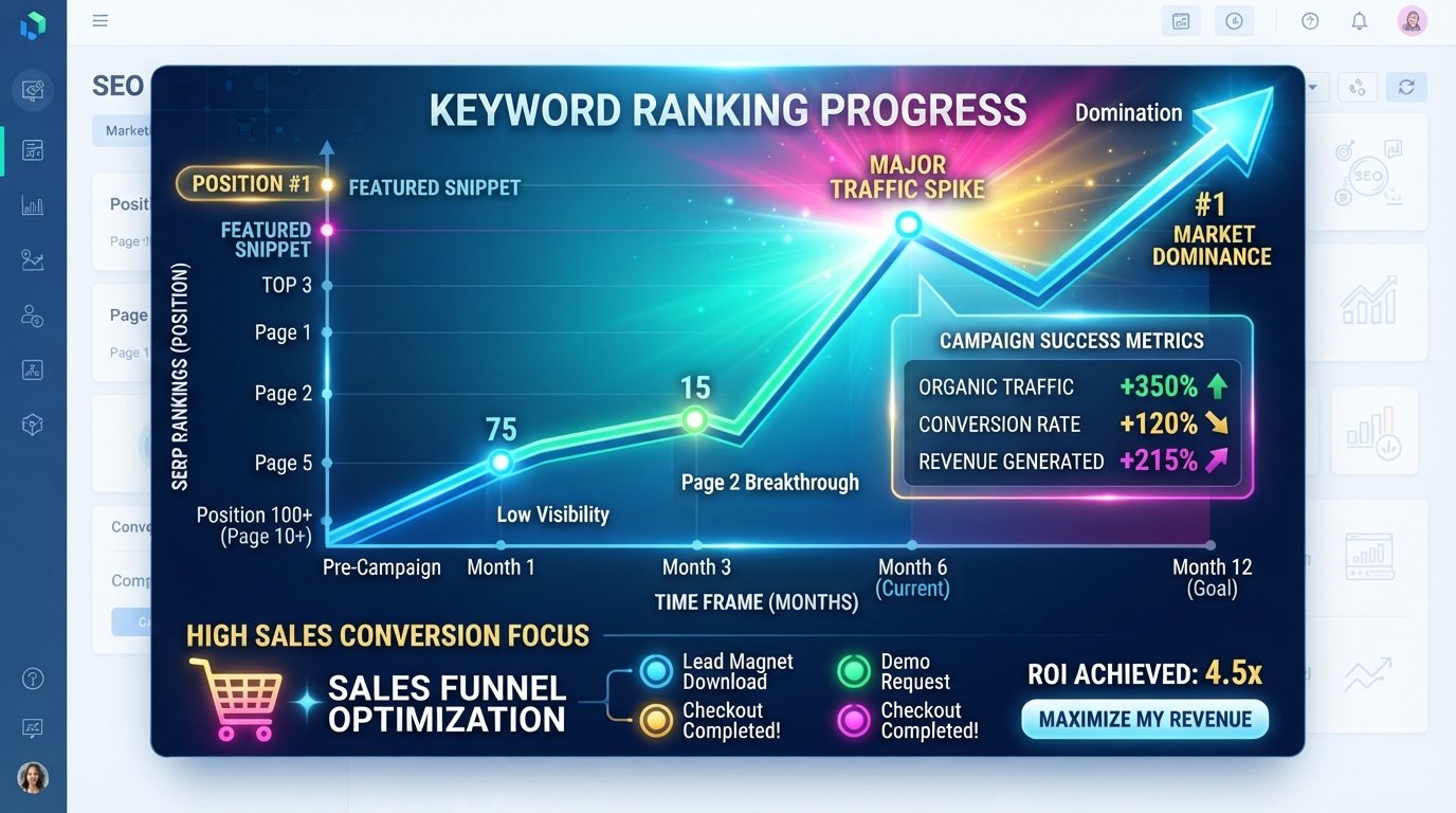 Keyword ranking improvement graph showing Google SERP growth and organic traffic success