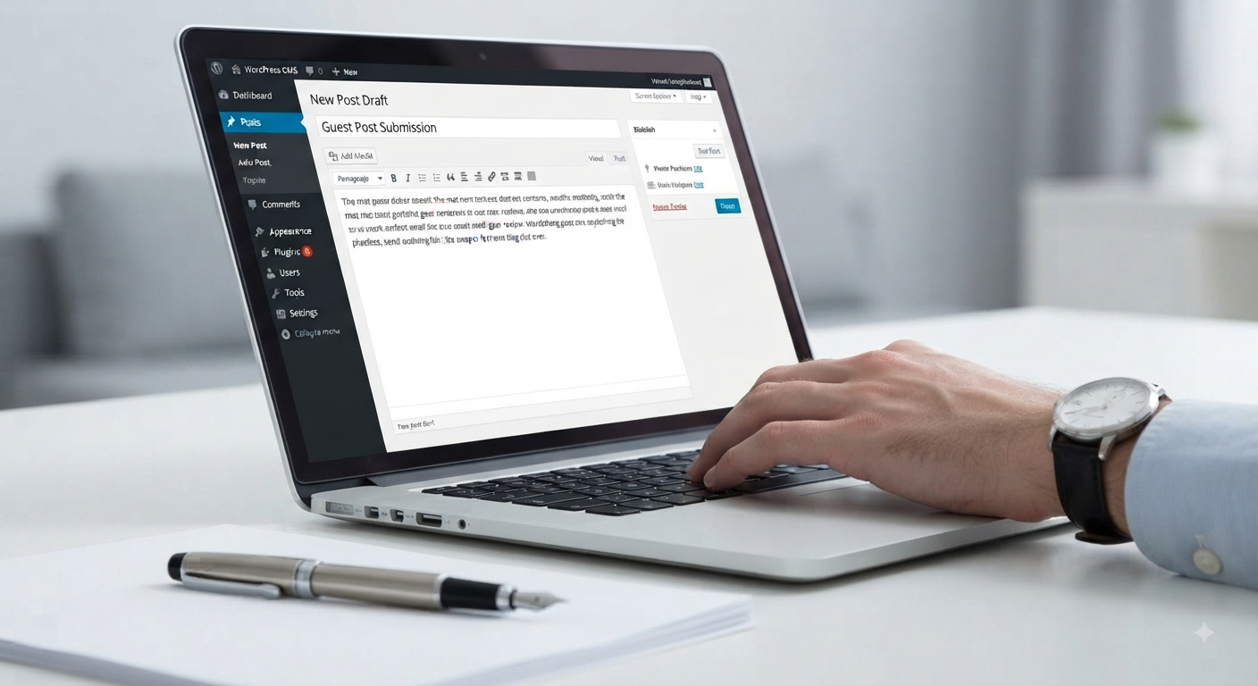 A laptop displaying a clean WordPress dashboard for a new guest post submission.