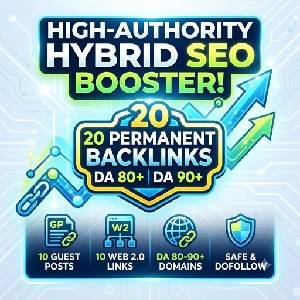 High-Authority SEO Backlinks Package graphic showing 20 permanent DA 80+ guest post and Web 2.0 links